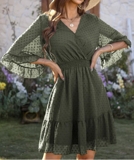 TastyHottie - new V-neck solid color polka-dot chiffon dress