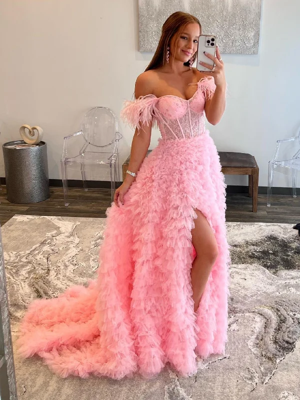 Ingrid |A Line Sweetheart Tiered Tulle Long Prom Dress With Slit