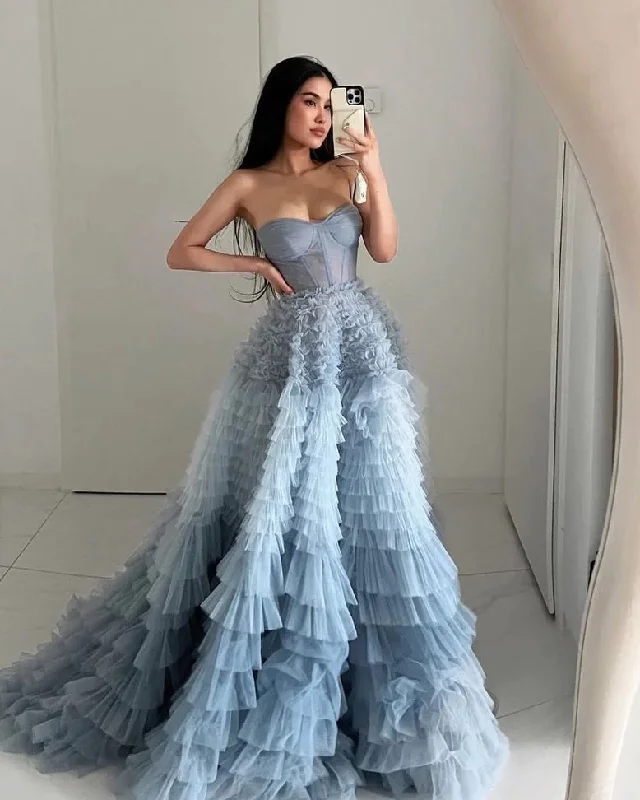Kaia |A Line Sweetheart Tiered Ruffled Tulle Long Prom Dress