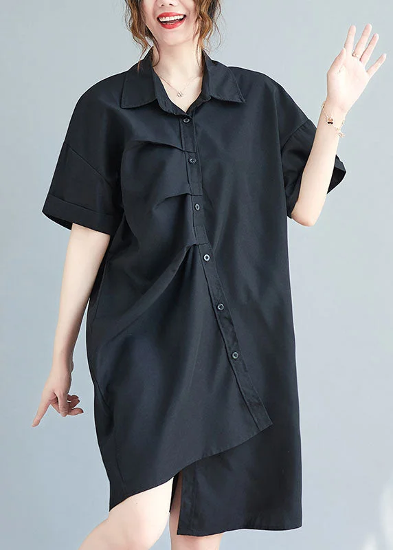 Black Cotton Vacation Dresses Asymmetrical Wrinkled Summer