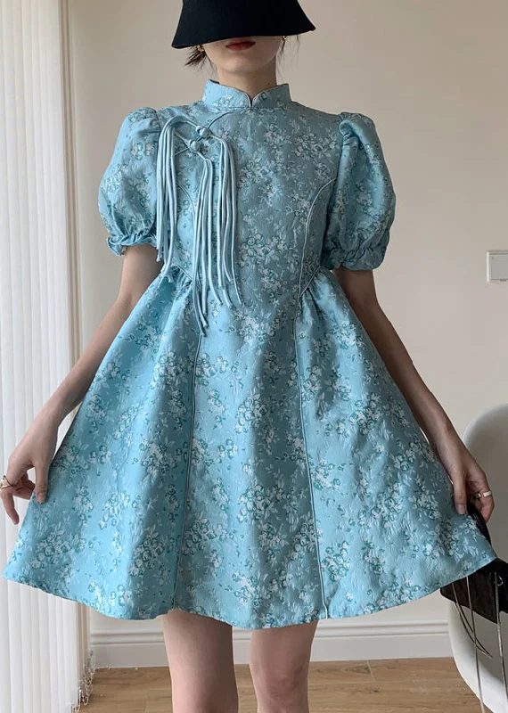 Chinese Style Blue Stand Collar Tasseled Jacquard Cotton Mid Dress Summer