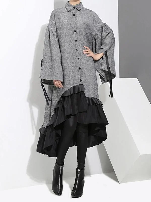 Classy gray Cotton quilting clothes lapel Ruffles Knee Dress