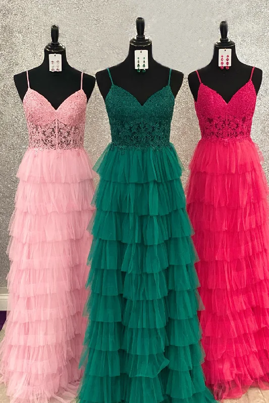 Aubree |Dark Green A-Line Tiered Tulle Long Prom Dress with Lace