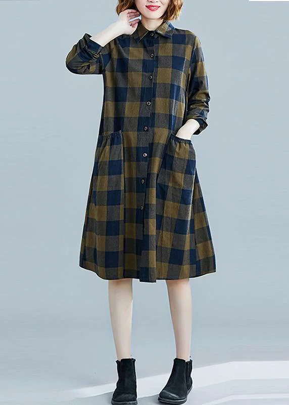 French plaid Cotton clothes Women lapel pockets daily spring Dresses