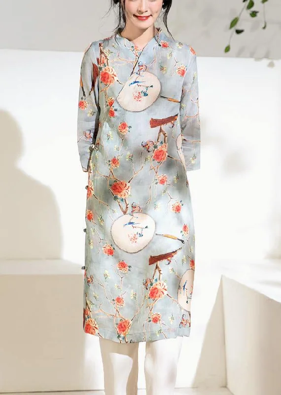 French side Chinese Button linen stand collar clothes Runway light blue Dresses