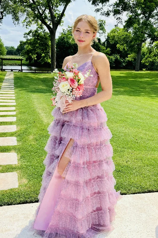 Lena |A Line Spaghetti Straps Printed Tulle Prom Dress with Ruffles