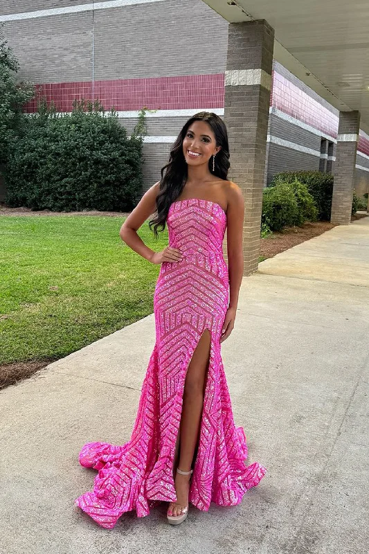 Halcyon | Mermaid Hot Pink Sequins Strapless Prom Dresses with Slit