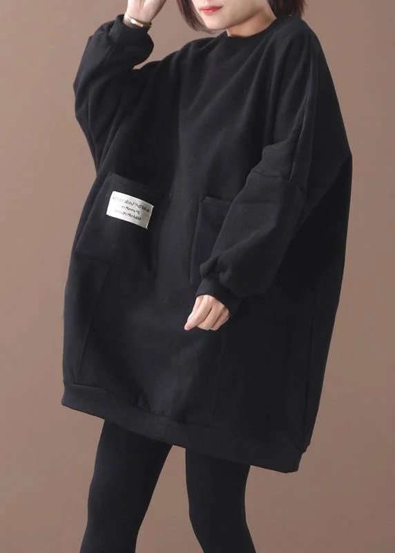 Handmade two pockets Cotton o neck clothes For Women Shape black Dresses