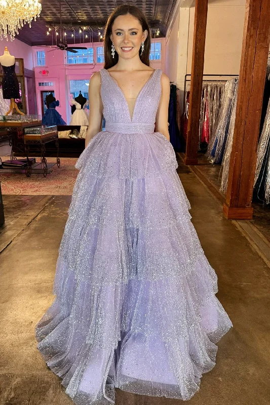 Khloe|Lavender Tulle Sequin V-Neck Ruffle Tiered Long Prom Dress