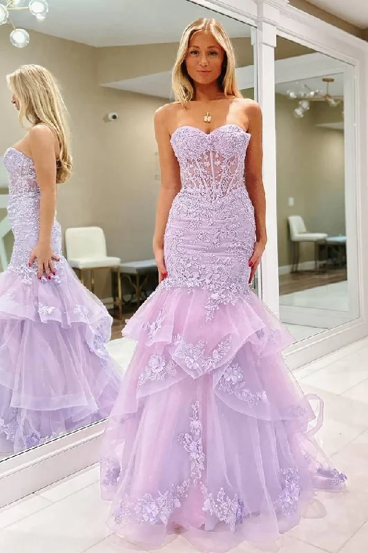 Kita | Lavender Lace Applique Ruffle Beaded Mermaid Prom Dress