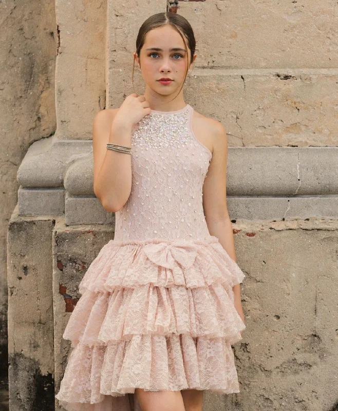 LACE HIGH-LO RUFFLE TIERED DRESS