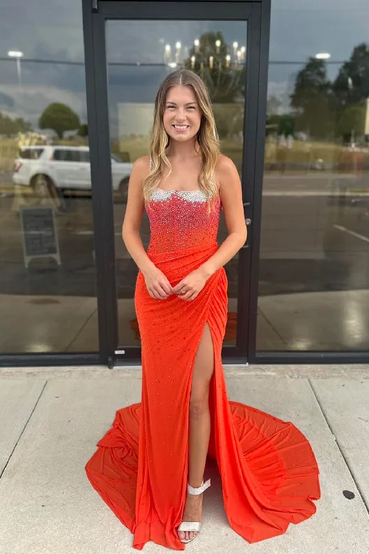Luminea|Red Mermaid Scoop Neck Long Prom Dresses With Beading