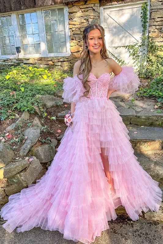 Lunaire | A Line Sweetheart Pink Tiered Tulle Prom Dress with Slit