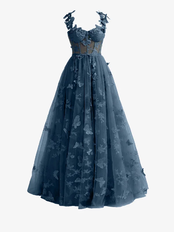 Lydia | Navy Blue A-line Butterfly Lace Lilac Corset Prom Dress with Slit