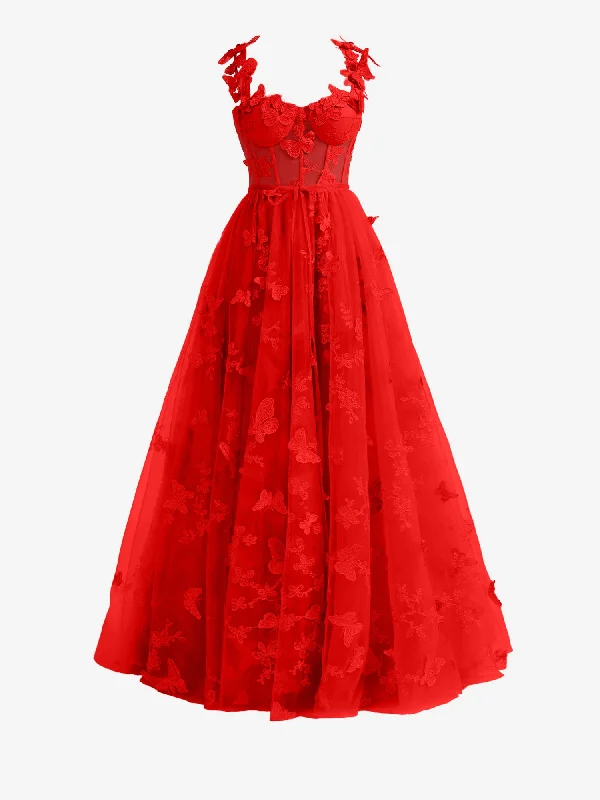 Lydia | Red A-line Butterfly Lace Lilac Corset Prom Dress with Slit