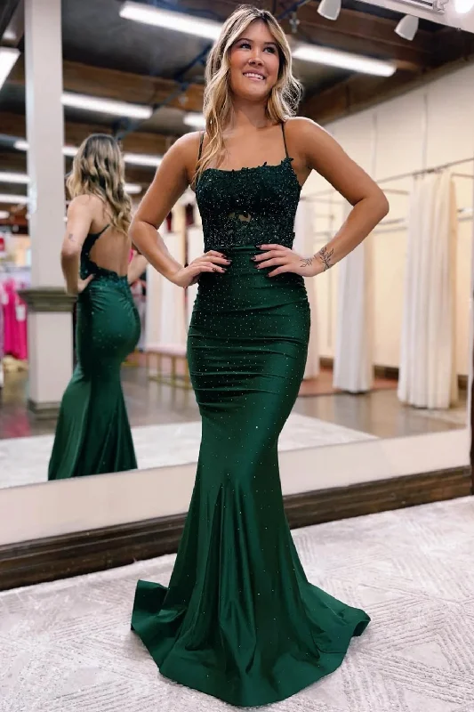 Jimena | Mermaid Spaghetti Straps Dark Green Long Prom Dress with Appliques