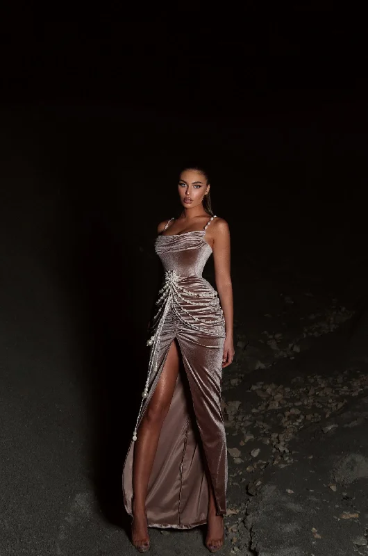 MINNA Fashion BROWNIE Beige Velvet With Pearl Detail Leg Split Mermaid Formal Dress