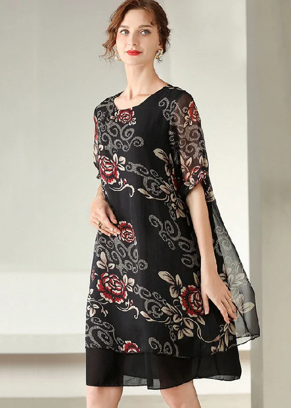 Modern Black O Neck Print Patchwork Silk Dress Summer