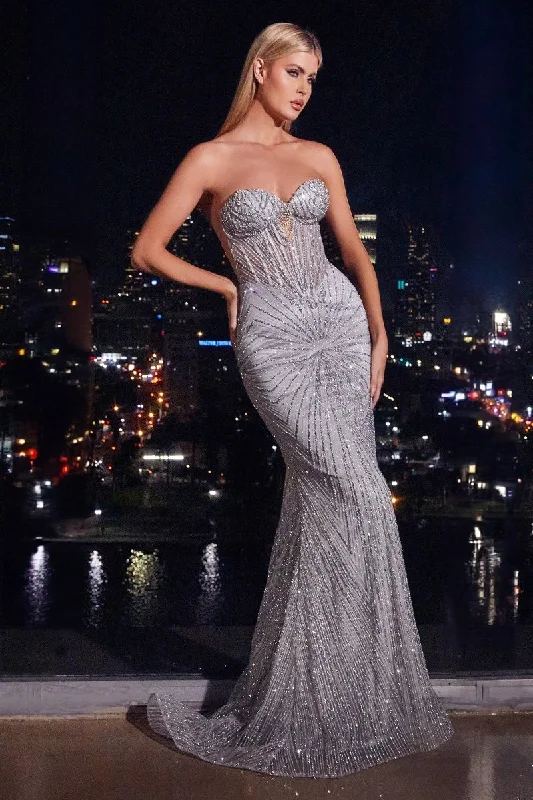 MYSTIQUE Couture Hand Beaded Embellished Bodice Strapless Mermaid Formal Dress