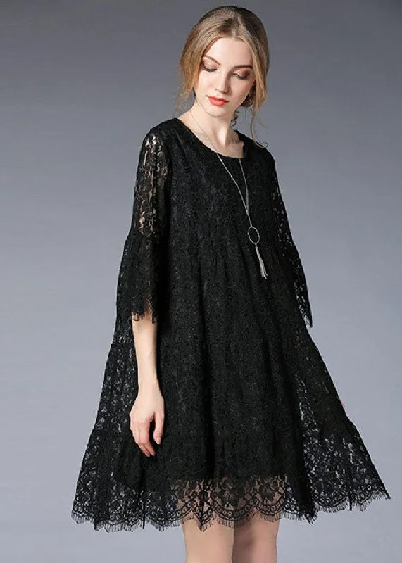 Natural Black Flare Sleeve Hollow Out Spring Holiday Dress