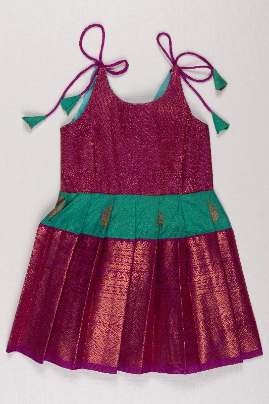 Vibrant Magenta and Green Silk Blend Tie-Up Dress