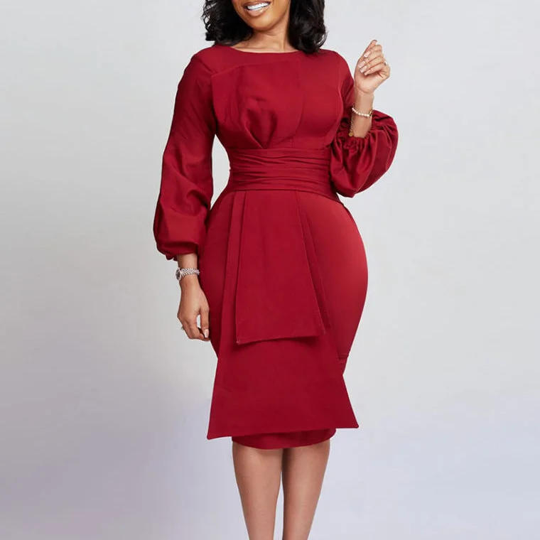 NiDELL D324 Foreign Trade Women's Clothing . Spring and Autumn New Solid Color Sheath Business Ol Temperament plus Size Africa European and American Style Dress