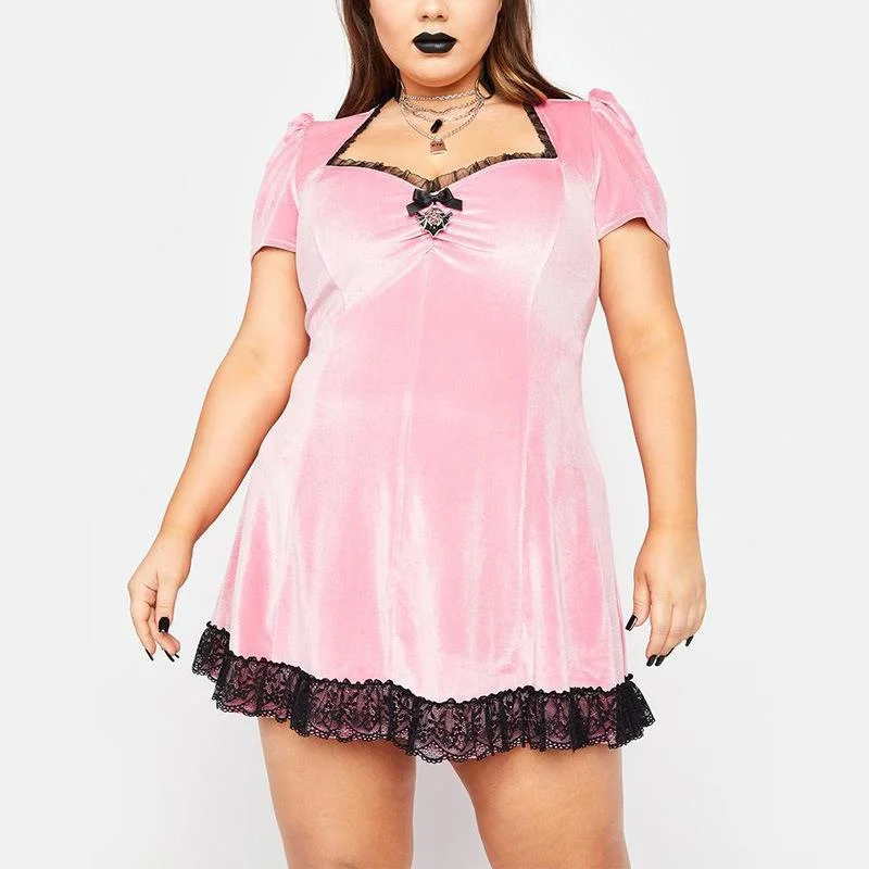 NiDELL Foreign Trade Independent Station Popular Cute Sweet Solid Color plus Size Chubby Girl's Dress . Summer Lace Patchwork Skirt Women