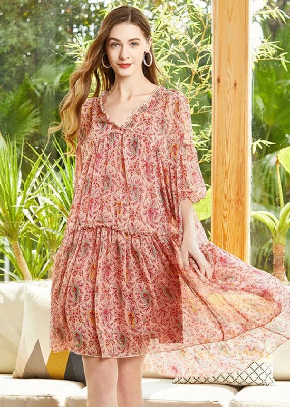 Red Print Chiffon A Line Dresses V Neck Lantern Sleeve