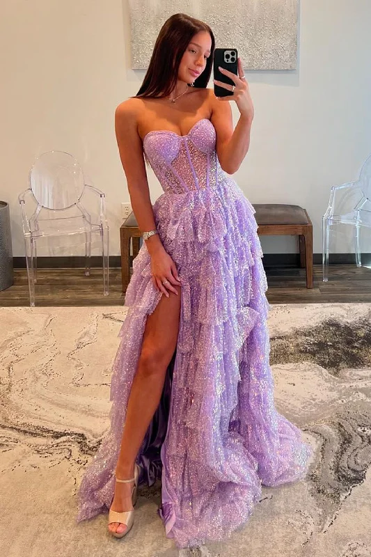 Rosina|Lavender A-Line Sweetheart Sequins Long Prom Dresses With Split