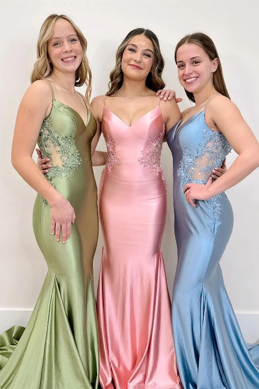Sage Green Spaghetti Strap Backless Trumpet Long Gown