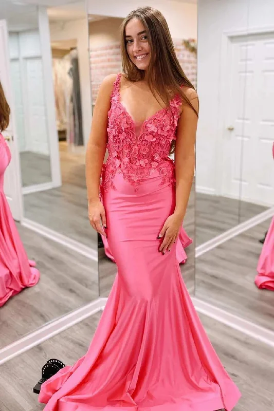 Solsticia| Fuchsia Mermaid V Neck Satin Long Prom Dresses With Appliques