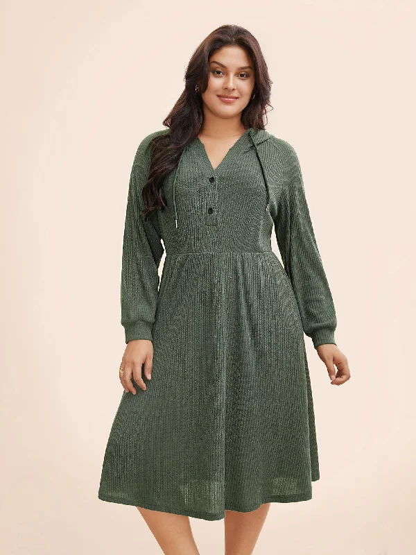 Texture Drawstring Hooded Pocket Dress