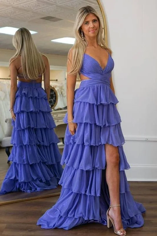 Thaddea | V-Neck Lavender Ruffle Prom Dress with Slit