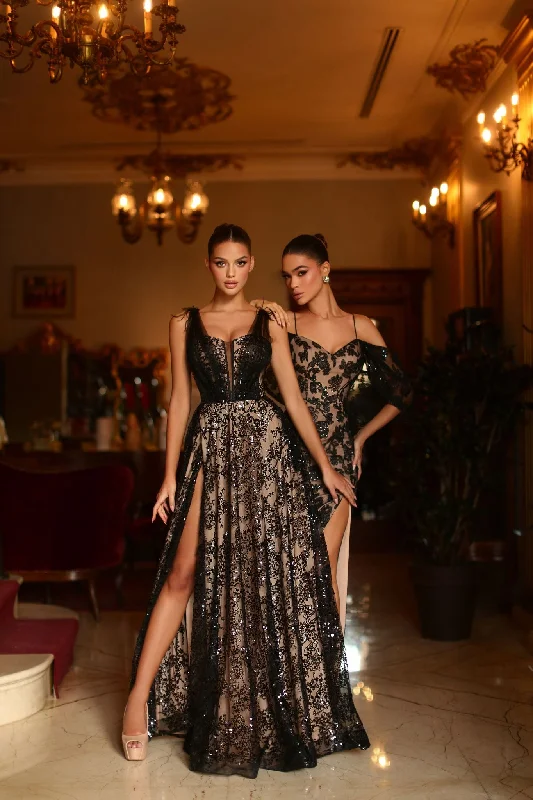 Tina Holly Couture TK314L Black and Nude Feather Ball Gown Formal Dress