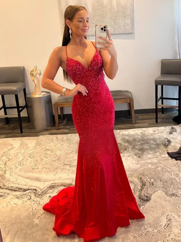 Malia |Mermaid V Neck Red Glitter Satin Prom Dress