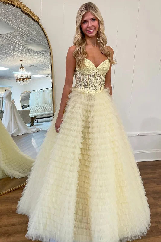 Addilyn |A-line Strapless Multi-Layers Tulle Prom Dress with Slit