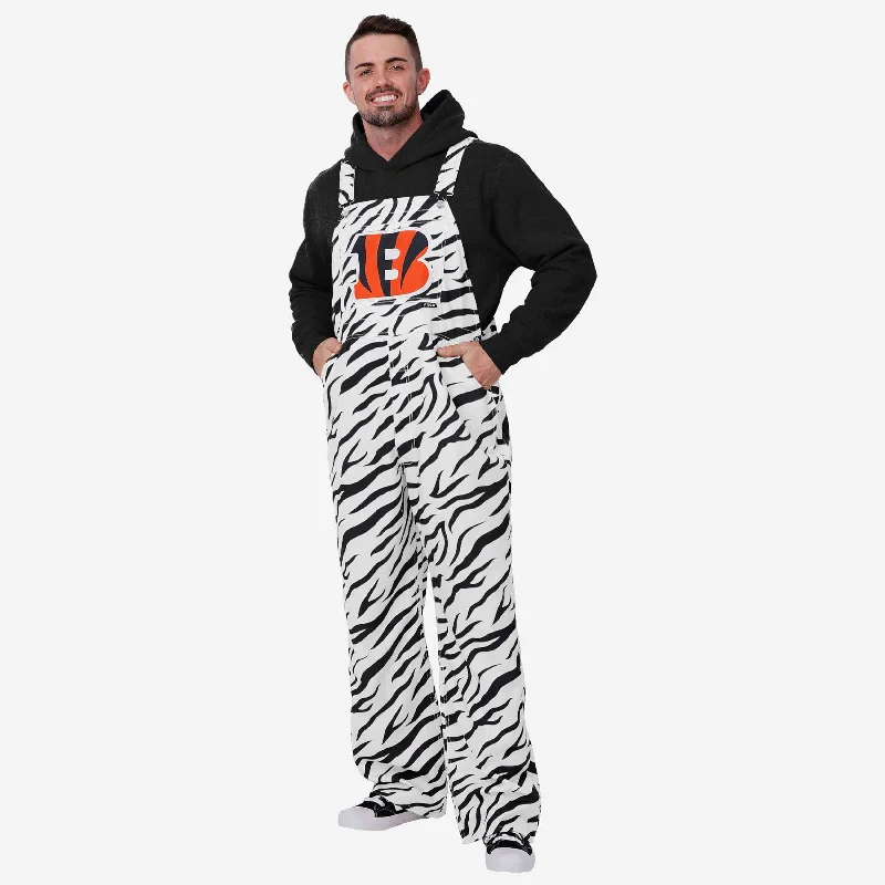 Cincinnati Bengals Mens White Tiger Stripe Thematic Bib Overalls Lightweight Zip-Up Jumpsuit