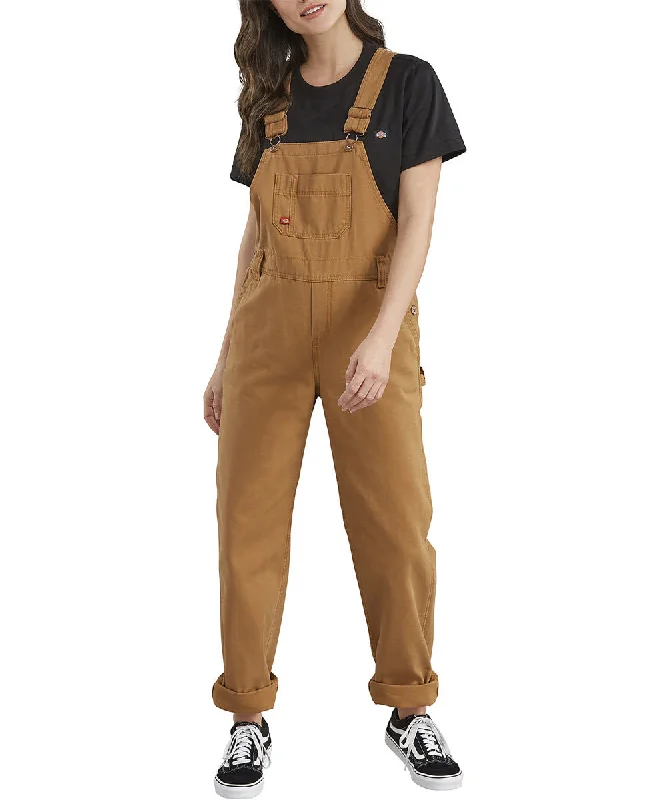 Dickies Women's Relaxed Fit Bib Overalls - Rinsed Brown Duck Warm Fleece Overalls