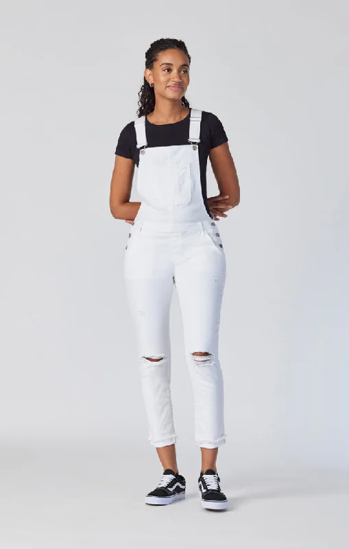 EDERA OVERALLS IN WHITE RIPPED & FRINGE Belted Waist Jumpsuit