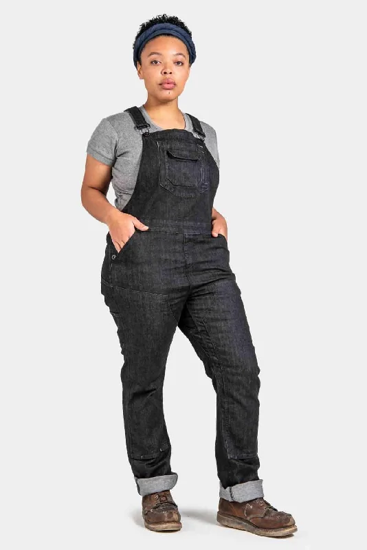 Freshley Overalls For Women in Heathered Black Denim Distressed Denim Overalls
