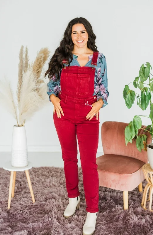 Wine Judy Blue Garment Dyed Double Cuff Boyfriend Overalls  - Final Sale Ripped Street Overalls