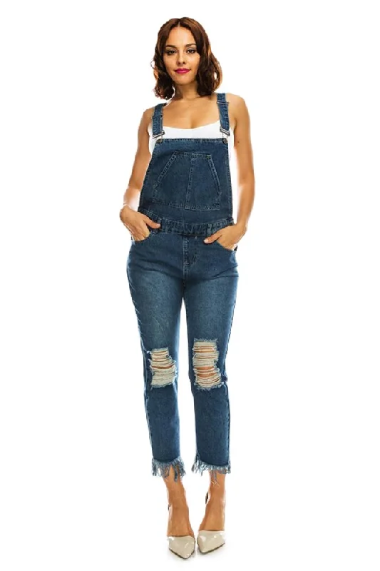 Women's Destroyed and Frayed Hem Denim Overalls Edgy Black Overalls