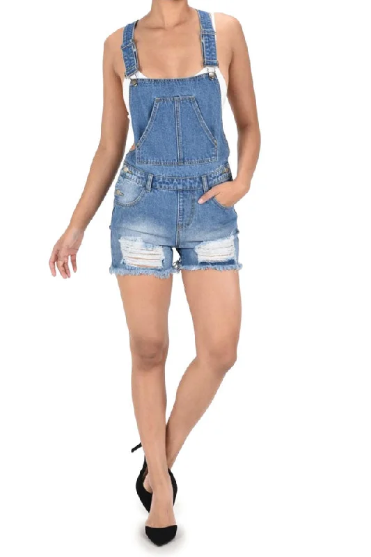 Women's Destroyed Boyfriend Short Overalls Roomy Pocket Jumpsuit