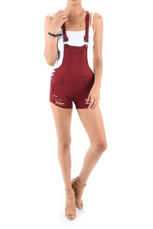 Women's Destroyed Color Denim Short Overalls Classic Bib Overalls