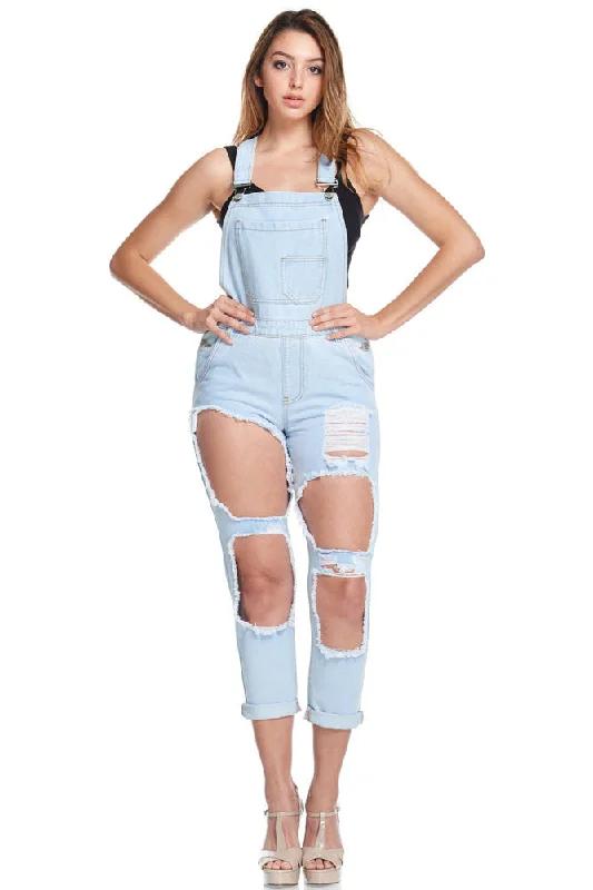 Women's Holey Ripped Denim Overalls Lightweight Flowy Overalls