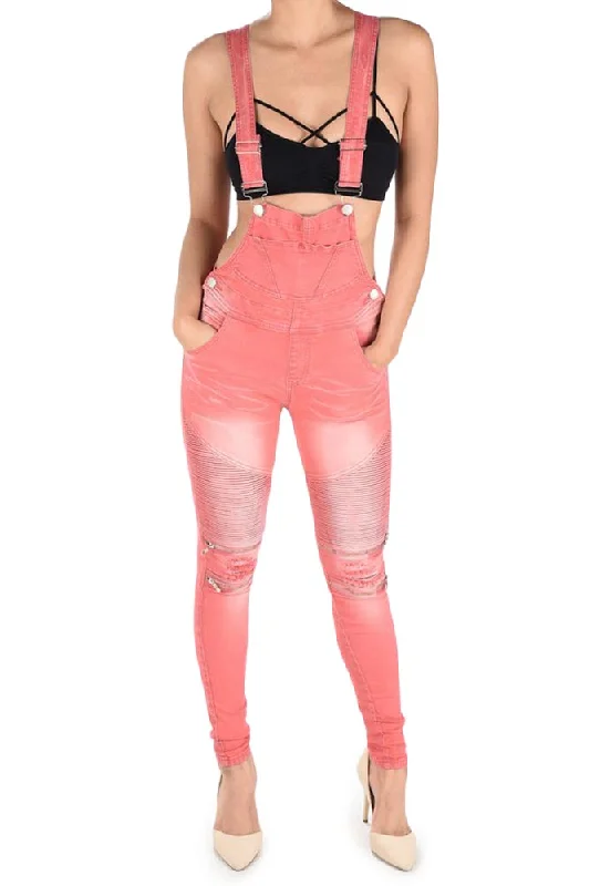 Women's Moto Denim Twill Overalls Ribbed Knit Overalls