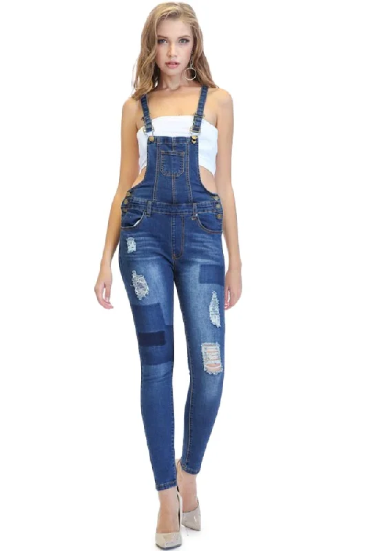 Women's Patched & Distressed Skinny Overalls Tapered Leg Overalls