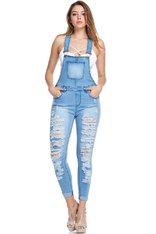 Women's Ripped Up Skinny Overalls Stretchy Waist Romper