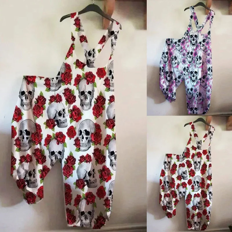 Women's Skull Rose Print Long Loose Overalls Plus Size Cozy Knit Overalls