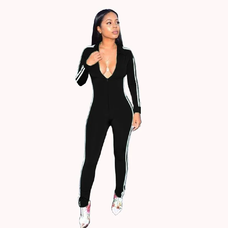 Black Long Sleeve Jumpsuits Deep V - Neck Bodycon Sexy Full Bodysuit Casual Side Striped Zipper Overalls Rompers Womens Jumpsuit Utility Zip-Front Overalls